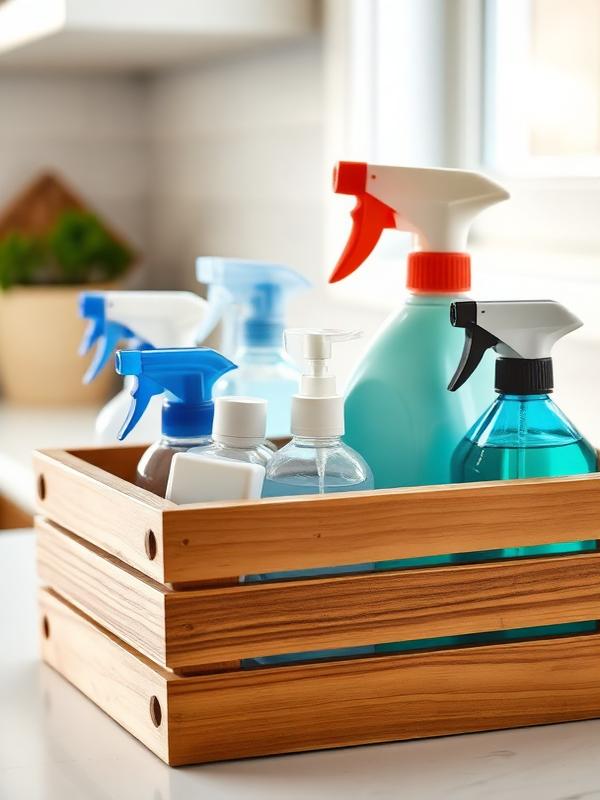 Professional cleaning supplies organized in a wooden caddy