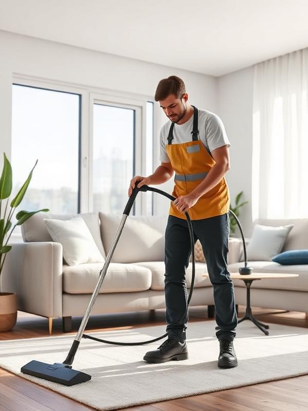 Mighty Cleaning Service team member vacuuming a bright living room